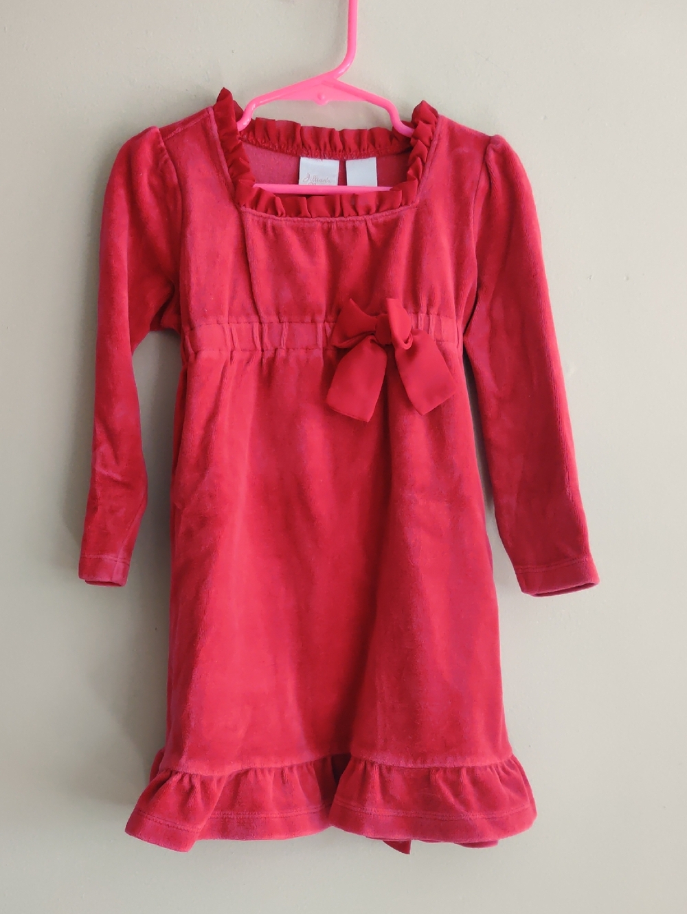 JILLIAN'S CLOSET Girls' Red Velvet Long-Sleeve Bow Dress Size 3T